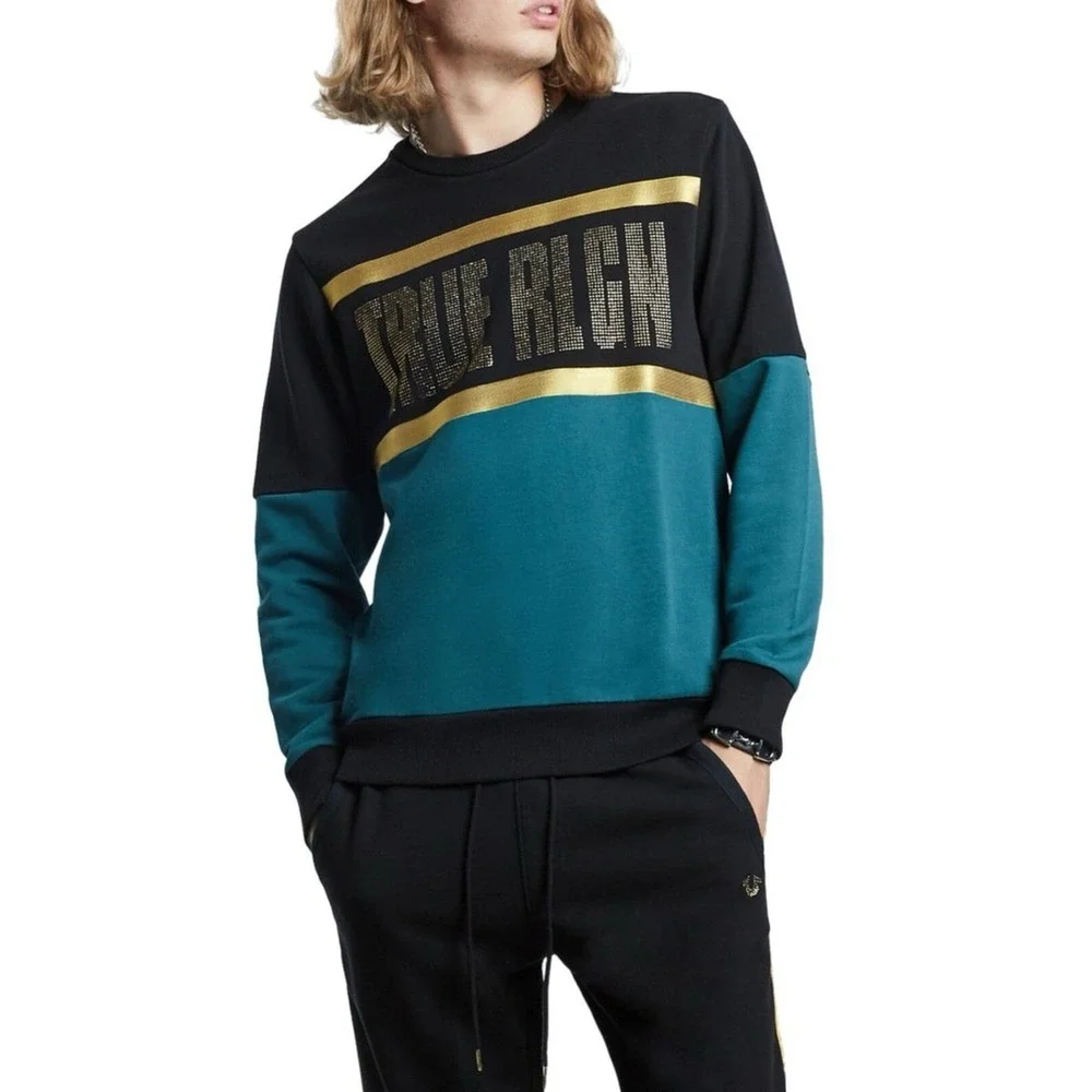 Men's True Religion Color Block Sweatshirt Gold Black Embellished Rhinestone Med